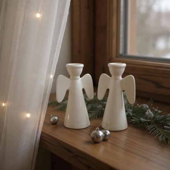 White Ceramic Angel Candle Holders Minimalistic Wedding Holiday Decor set of two - Picture 2 of 10